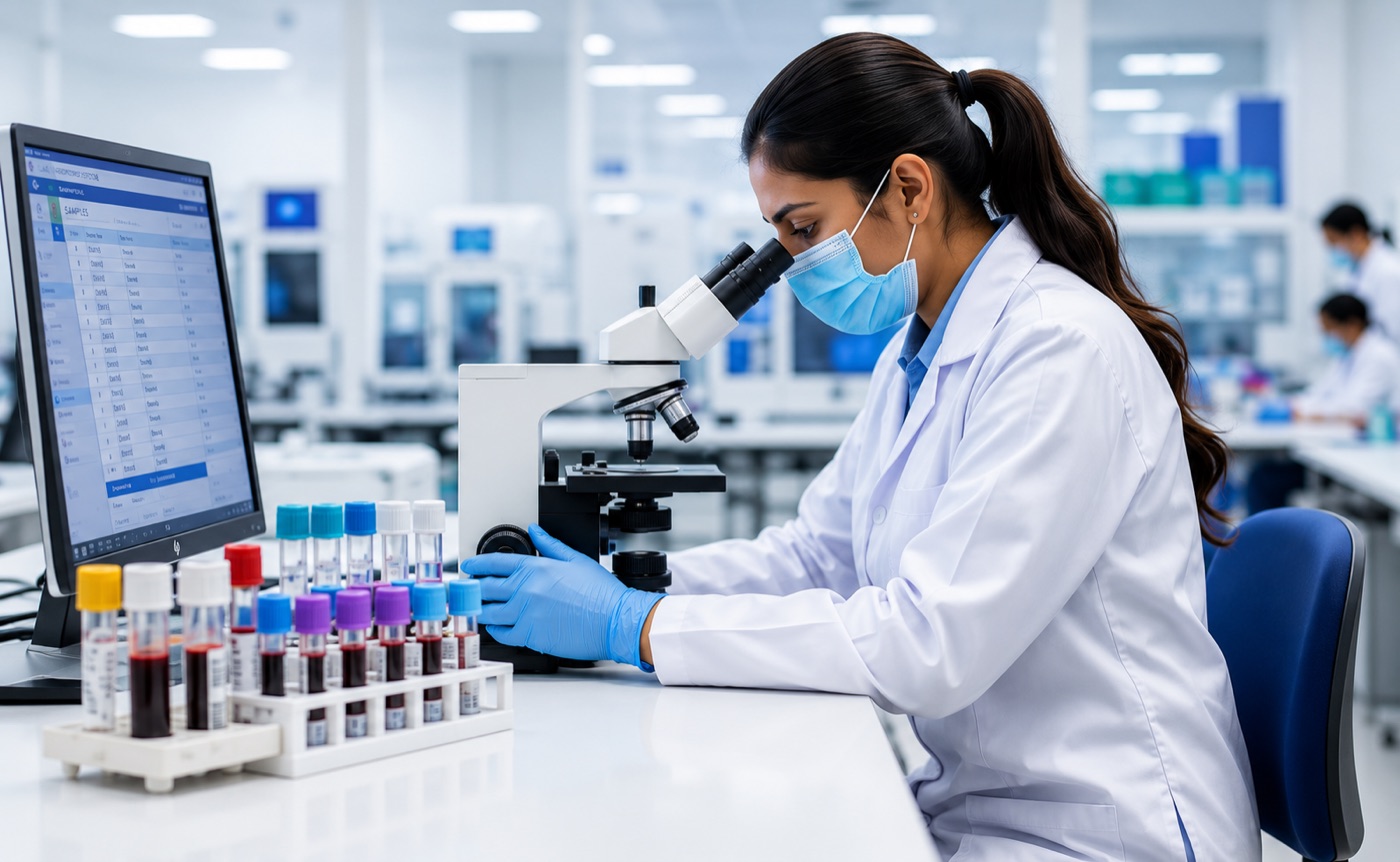 Laboratory technician analysing blood samples under a microscope at Nazia Hospital
